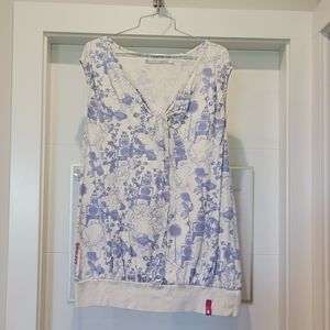 Women's Supreme Being cap sleeve twist front tee | Size M, fits L | ivory w blue